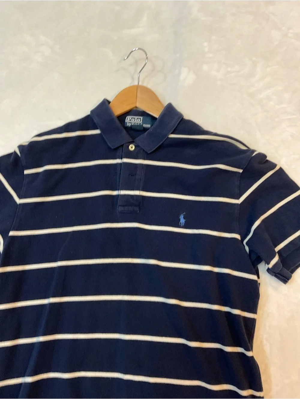Vintage Polo Ralph Lauren Striped Golf Polo Shirt Size M Short Sleeve Navy